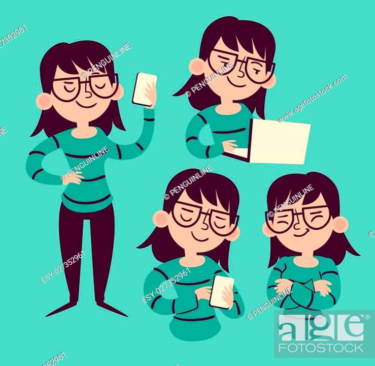 Vector illustration of a cartoon girl wearing big glasses in many poses  featuring electronic devices, Stock Vector, Vector And Low Budget Royalty  Free Image. Pic. ESY-027352961 | agefotostock