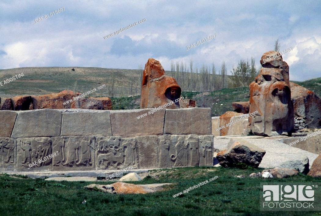 Stock Photo: Relief orthostates depicting a sacrificial ceremony, Sphinx Gate, Alacahoyuk, Turkey. Hittite civilisation, 14th century BC.
