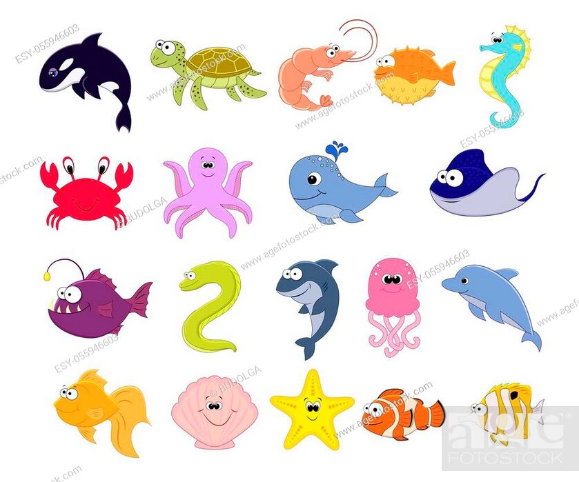 Big vector set of sea creatures. Cute cartoon animals. Vector illustration,  Stock Vector, Vector And Low Budget Royalty Free Image. Pic. ESY-055946603  | agefotostock