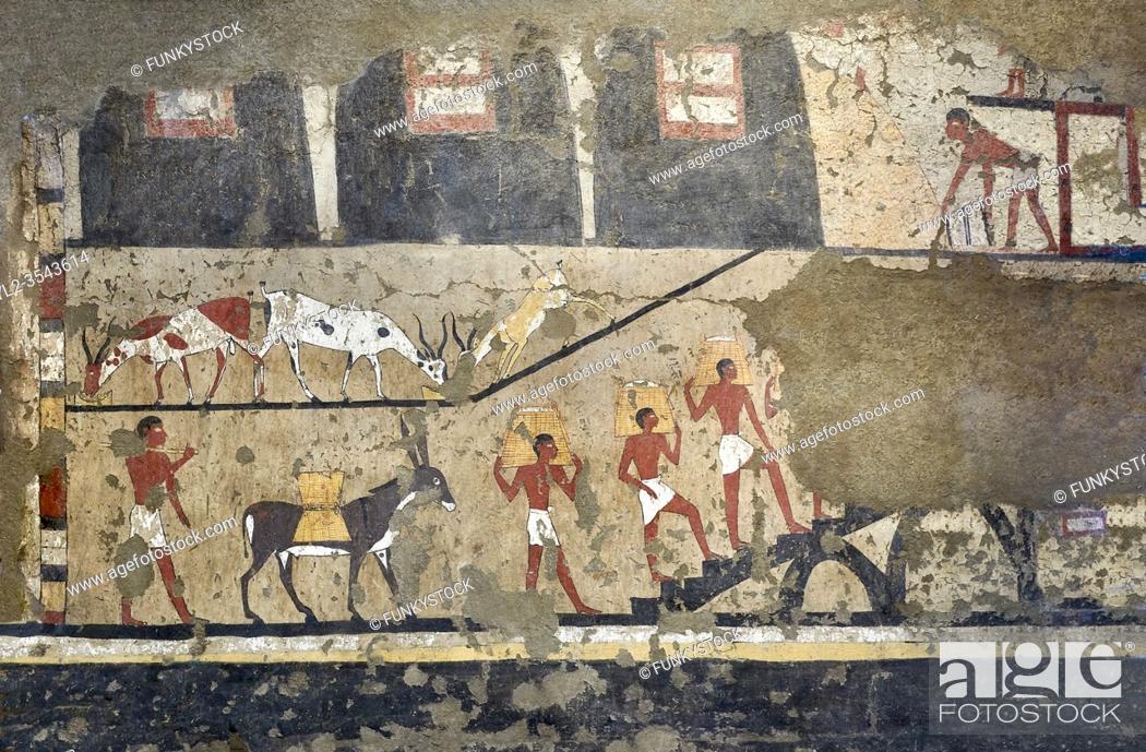 Stock Photo: Ancient Egyptian wall paintings of the Tomb of Iti and Neferu, Ritual slaughter scene Scene, Thebes, First Intermediate Period (2118 â. “ 1980BC).