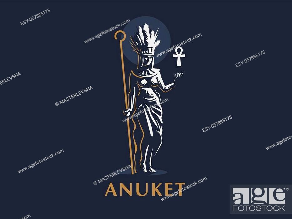Stock Vector: Egyptian goddess Anuket. Ankh. Feathers. Vector emblem.