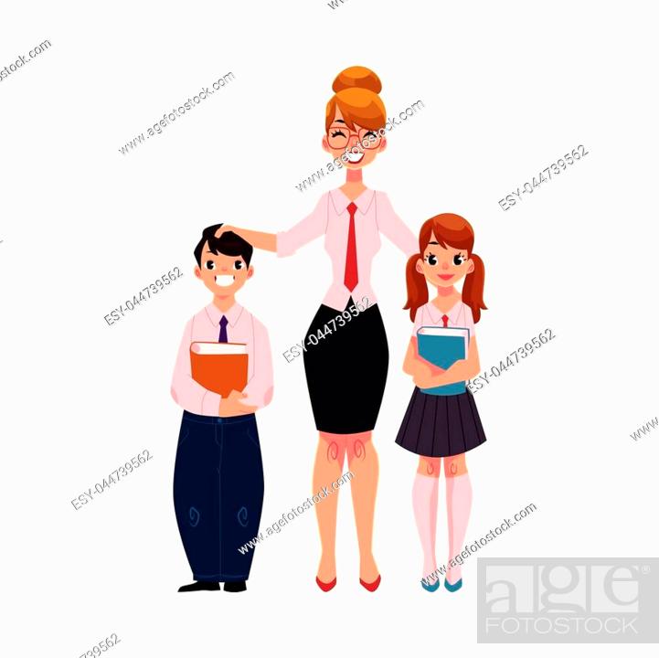 Full length portrait of female teacher standing with two students - boy and  girl, Stock Vector, Vector And Low Budget Royalty Free Image. Pic.  ESY-044739562 | agefotostock