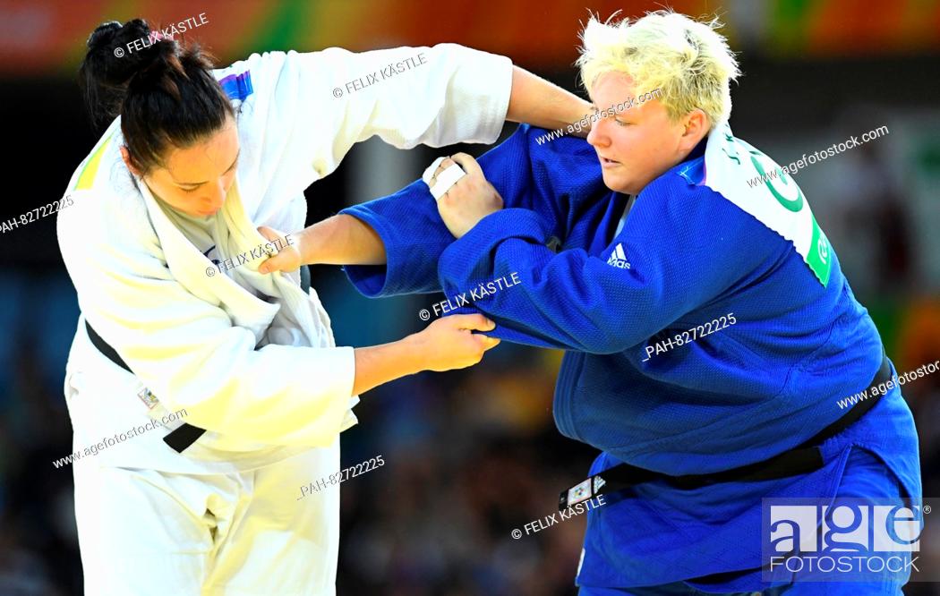Stock Photo: Jasmin Kuelbs of Germany (blue) in action against Ksenia Chibisova of Russia during the Women +78 kg Elimination Round of 32 of the Judo events during the Rio.