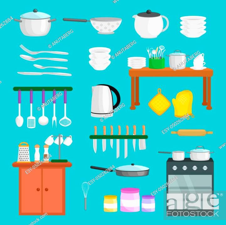 Kitchenware icons vector set. Cartoon kitchen utensil collection spoon pot  food knife fork cup pan..., Stock Vector, Vector And Low Budget Royalty  Free Image. Pic. ESY-050262884 | agefotostock