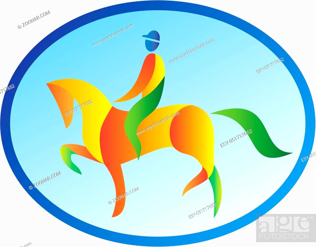 Stock Photo: Illustration of an equestrian rider riding horse dressage viewed from the side set inside oval shape on isolated background done in retro style.