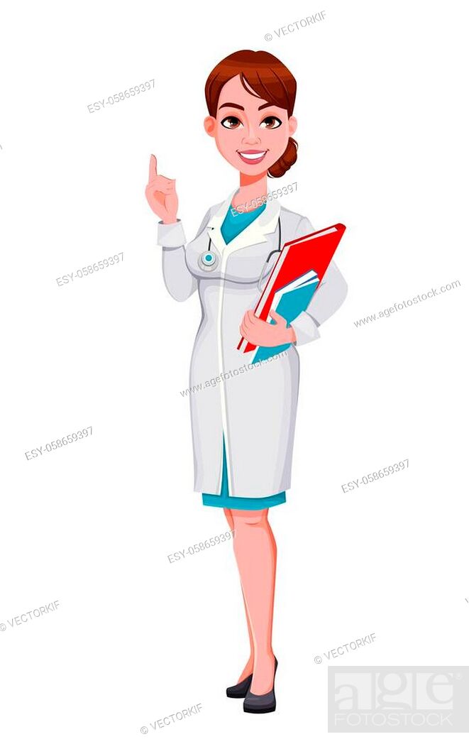 Stock vector cheerful doctor cartoon character. Beautiful young woman doctor  holding documents, Stock Vector, Vector And Low Budget Royalty Free Image.  Pic. ESY-058659397 | agefotostock