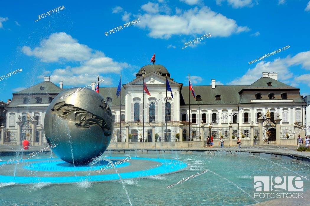 Stock Photo: Grassalkovich Palace with the Monument Worldglobe in Bratislava with the official residence of the Slovak President.