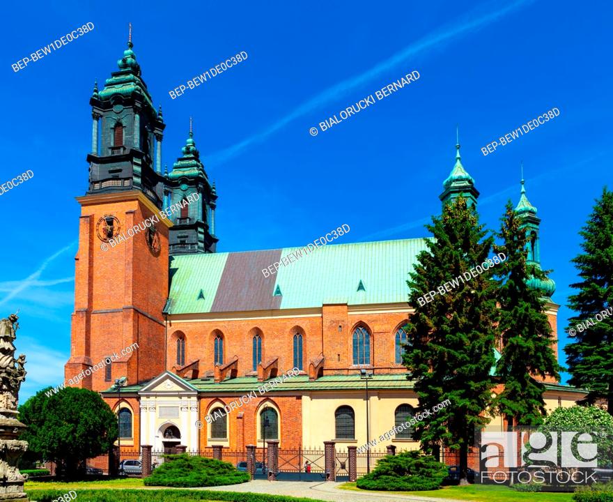Stock Photo: Poznan, Poland - June 5, 2015: Exterior of Archcathedral Basilica of St. Peter and St. Paul on historic Ostrow Tumski island at Cybina river.