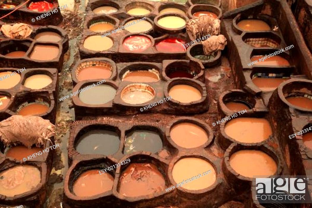 Stock Photo: Fez Tannery in Morocco with Vats for Dying Leather.