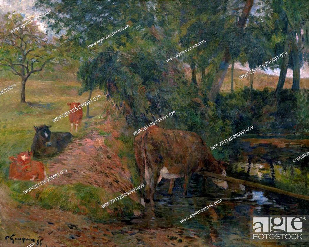 Stock Photo: Cattle at a Watering Place, by Paul Gauguin, 1885, Boijmans van Beuningen Museum, Rotterdam, Netherlands, Europe.