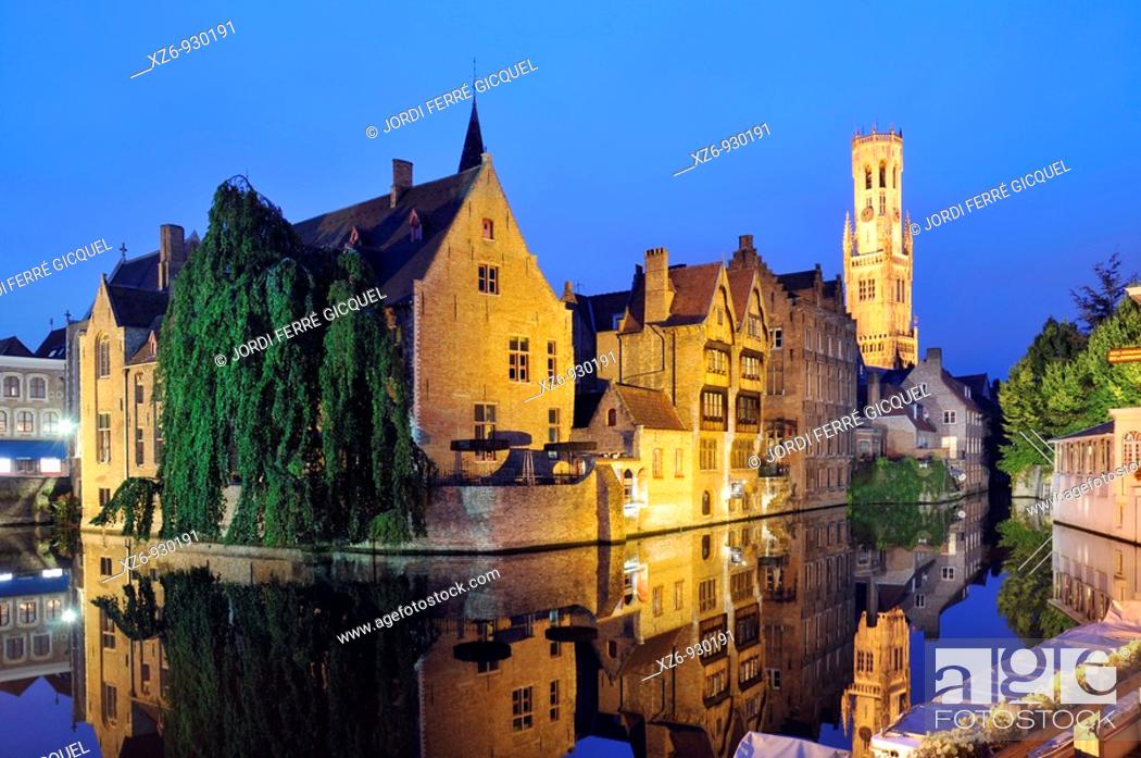 Stock Photo: Rozenhoedkaai, canals and reflections at night  Medieval town of Bruges, Belgium  Brugge.