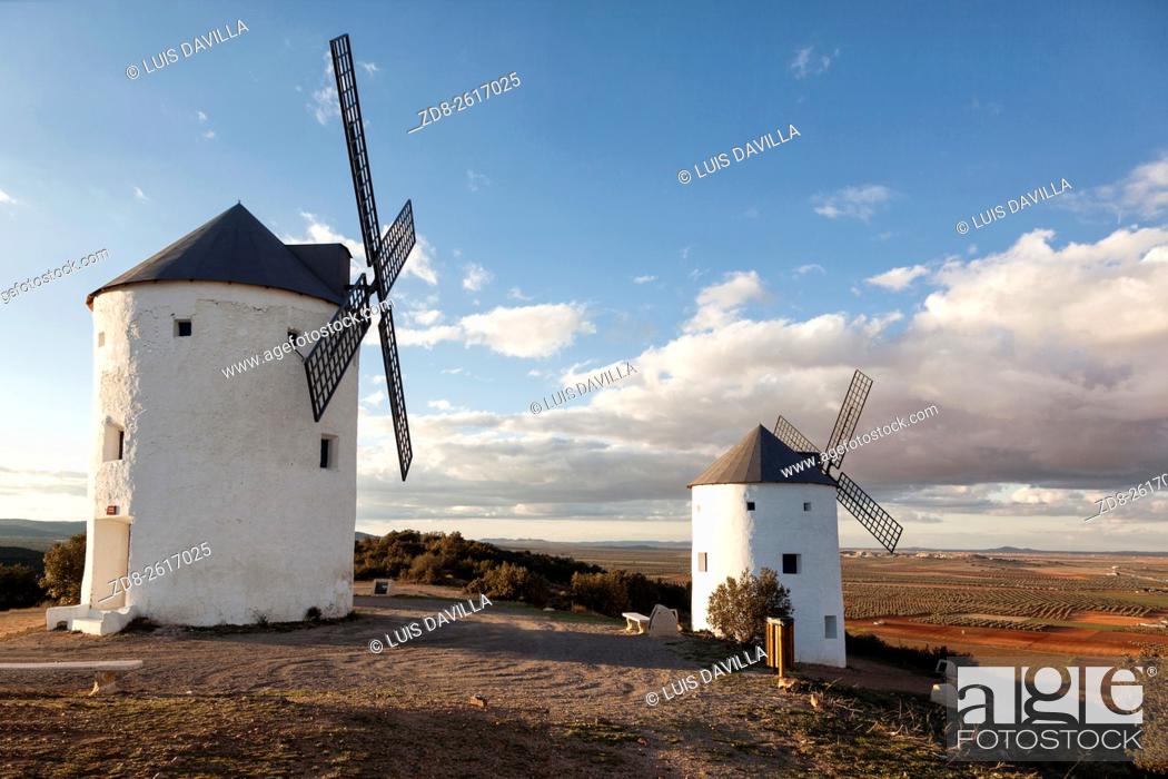 Stock Photo: windmills of puerto lapice. ciudad real. spain.