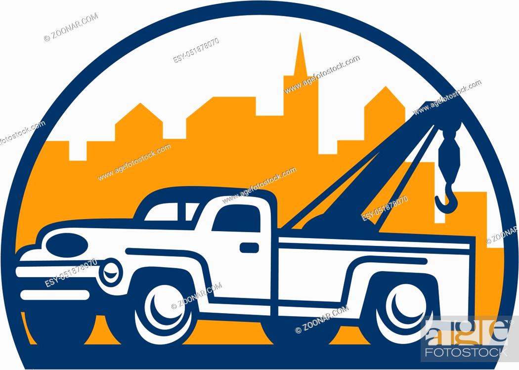 Stock Photo: Illustration of a vintage tow wrecker truck lorry with urban buildings in background set inside half circle done in retro style.