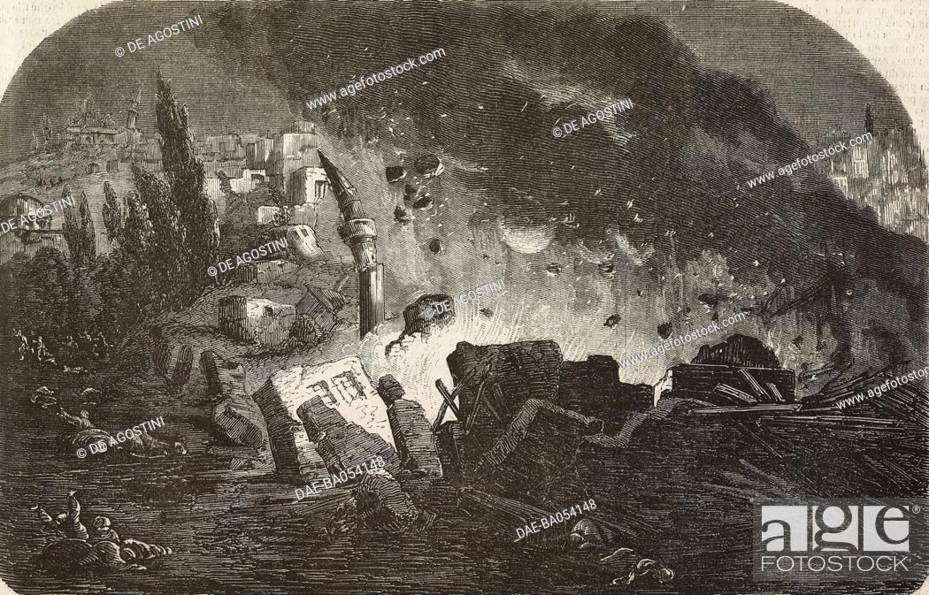 Stock Photo: Explosion of an armoury on Rhodes island, Greece, illustration from L'Illustration, Journal Universel, No 720, Volume XXVII, December 13, 1856.