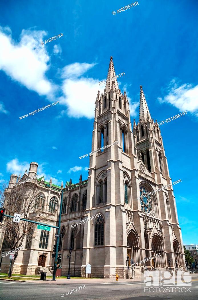 Stock Photo: The Cathedral Basilica of the Immaculate Conception in Denver, Colorado on a sunny day.