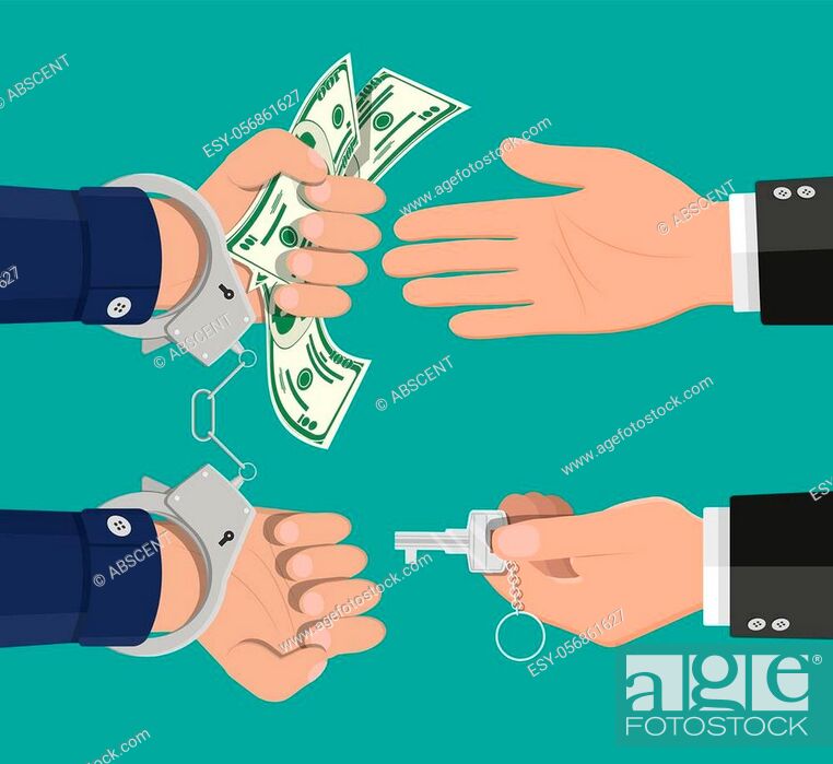 Stock Vector: Hand with key unlocking handcuffs for money. Freedom for bribe. Anti corruption and bribery concept. Vector illustration in flat style.