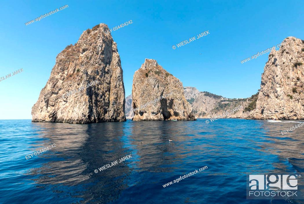 Stock Photo: Faraglioni Rocks on Capri Island, Italy. Rock's names left to left: Stella, Mezzo and Scopolo or Fuori.