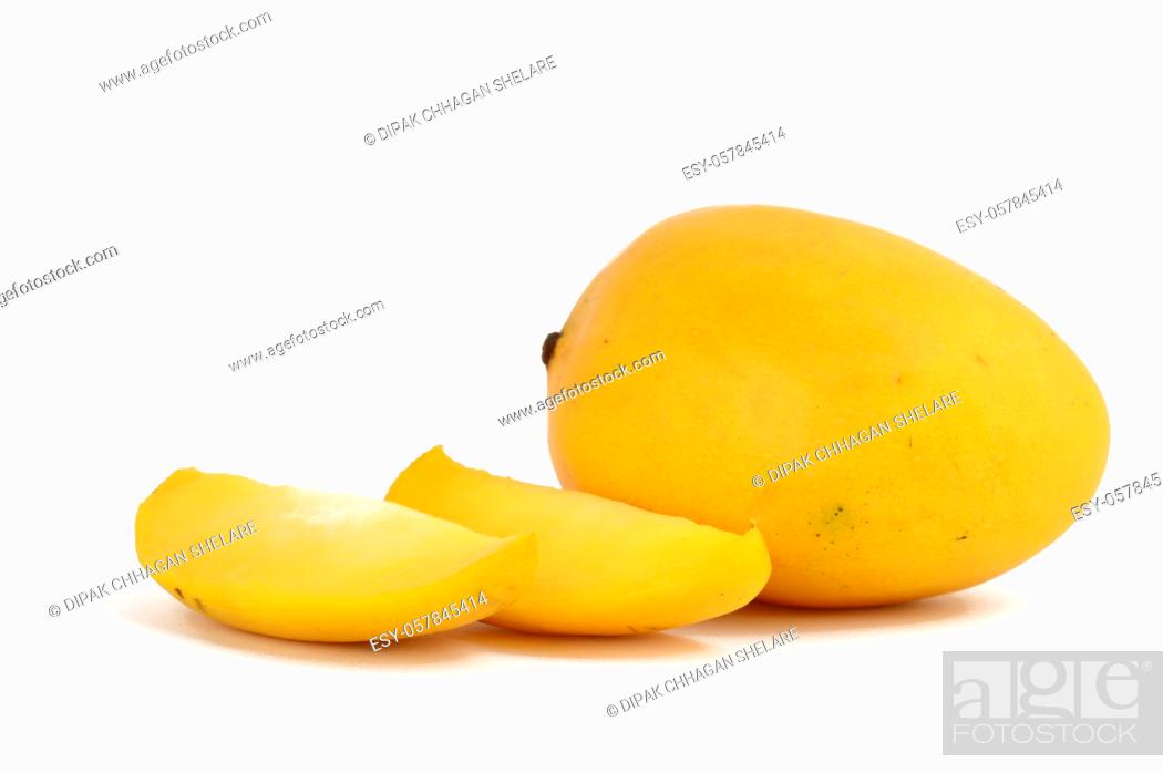 Stock Photo: Mango fruit with slice on a white background.