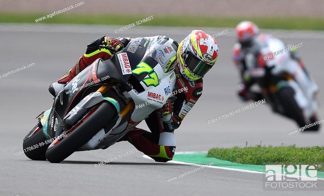 Stock Photo: Swiss Moto2 driver Dominique Aegerter in action during an open training session on the Saxony Ring in Hohenstein-Enstthal, Germany, 30 June 2017.