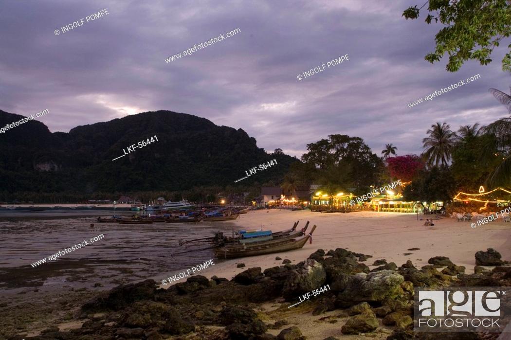 Stock Photo: View over the beach with restaurants in the evening, Ko Phi Phi Don, Ko Phi Phi Island, Krabi, Thailand, after the tsunami.