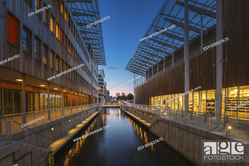 Stock Photo: Oslo, Norway. Astrup Fearnley Museum of Modern Art, Residential Multi-storey Houses In Aker Brygge District In Summer Evening.