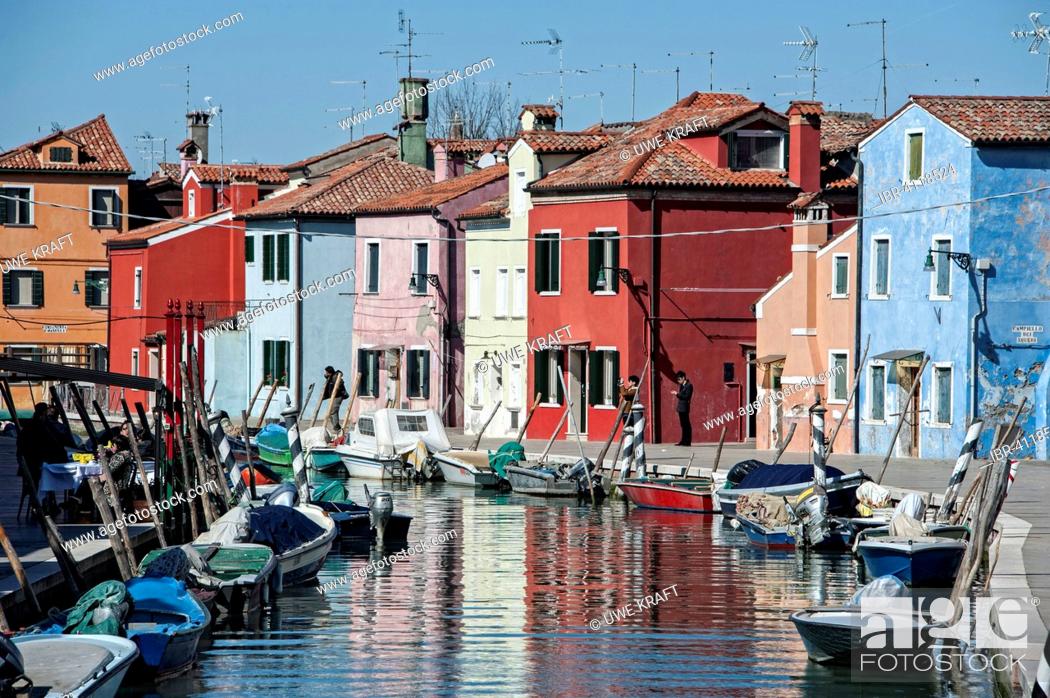 Stock Photo: Colourful houses along a canal, Burano, Venice, Veneto, Italy.