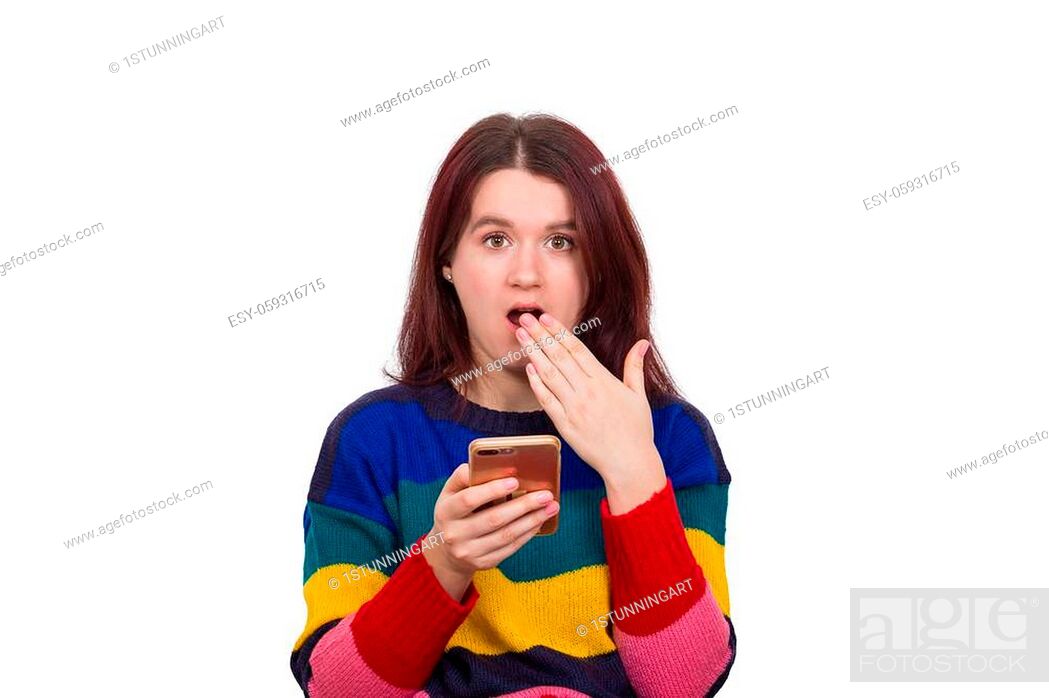 Funny shocked anxious scared young girl looking at camera using her phone  seeing bad news photos..., Stock Photo, Picture And Low Budget Royalty Free  Image. Pic. ESY-059316715 | agefotostock