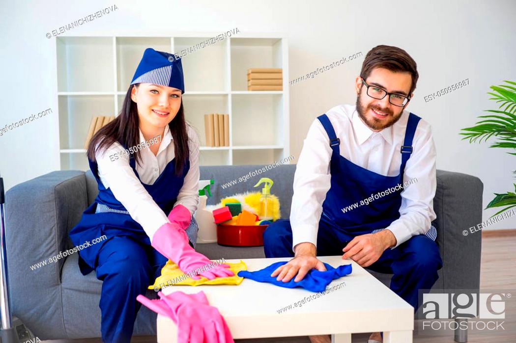 Stock Photo: A portrait of a cleaning service team at work.