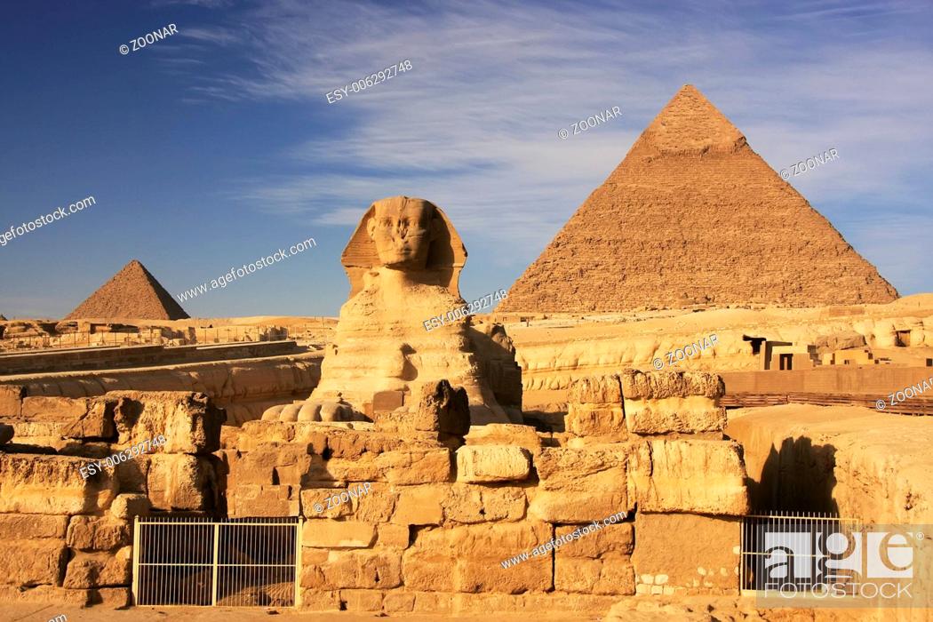 Stock Photo: The Sphinx and Pyramid of Khafre, Cairo, Egypt.