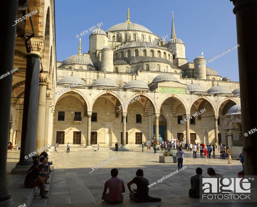 Stock Photo: Istanbul, Istanbul Province, Turkey. Courtyard of the Sultan Ahmet or Sultanahmet Mosque, also known as the Blue Mosque. The mosque is part of the Historic.