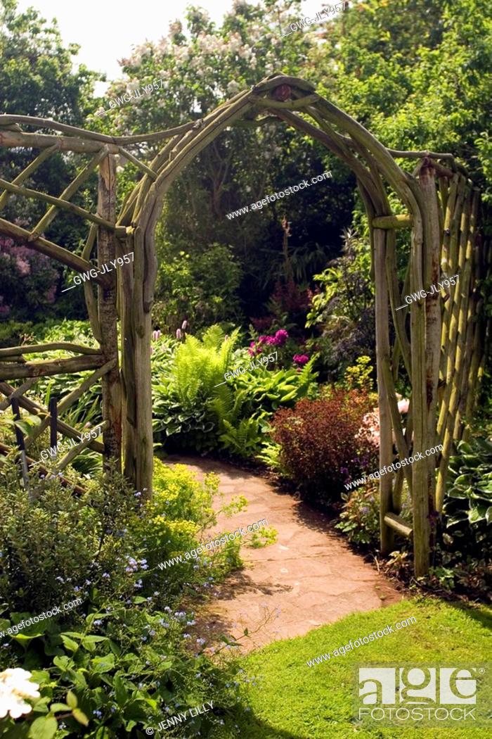Rustic Wooden Arch And Trellis Work At Whit Lenge Garden Hartlebury Stock Photo Picture Rights Managed Image Pic Gwg Jly957 Agefotostock - Rustic Wooden Arches For Gardens