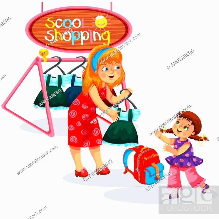 Vecteur de stock: Happy mother helping daughter choosing beautiful uniform vector illustration. Joyful girl taking dress and top smiling. School shopping concept.