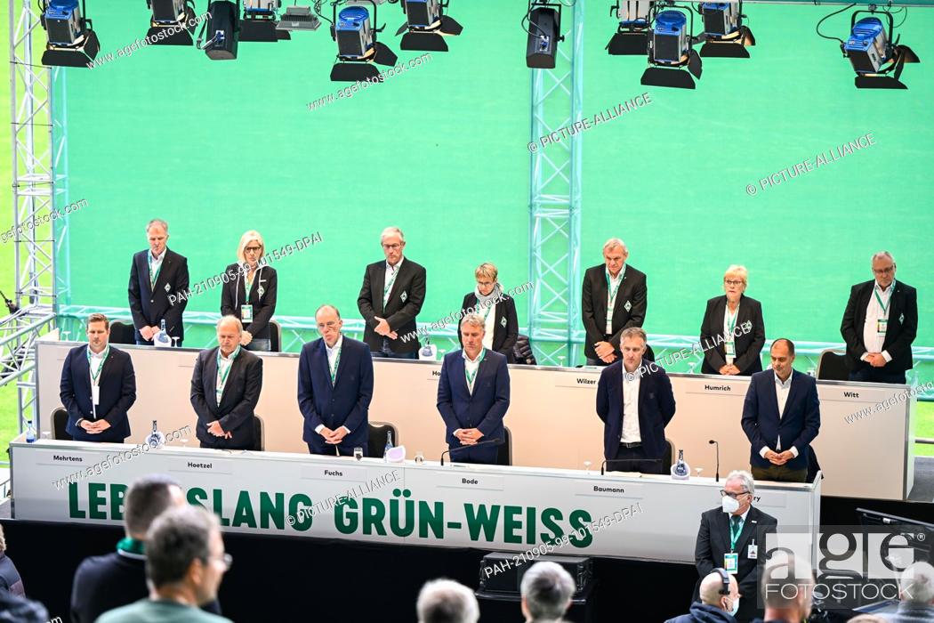 Stock Photo: 05 September 2021, Bremen: Part of the executive committee of Werder Bremen during the club's general meeting. The meeting focuses on coming to terms with the.