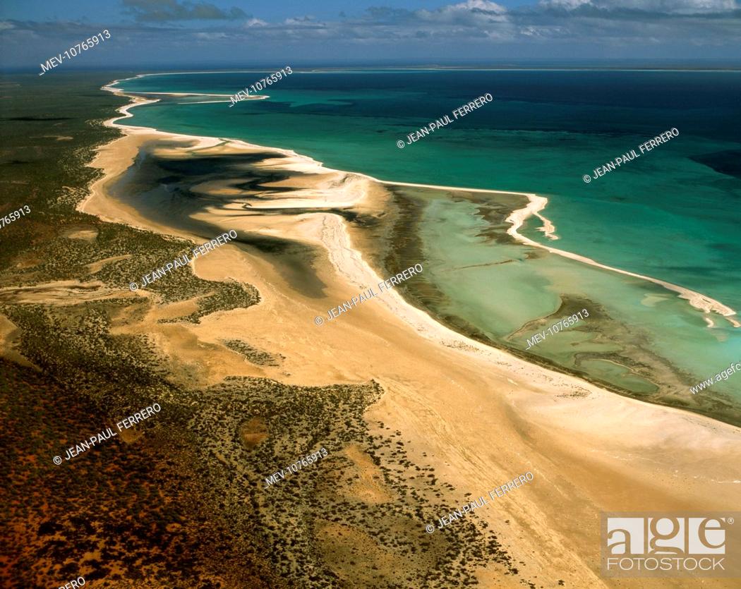 Stock Photo: Aerial - Shell Beach - along Lharidon Bight a beach made from millions of shells of bivalve mollusc Fragum erugatum which lives in the salty waters of Hamelin.