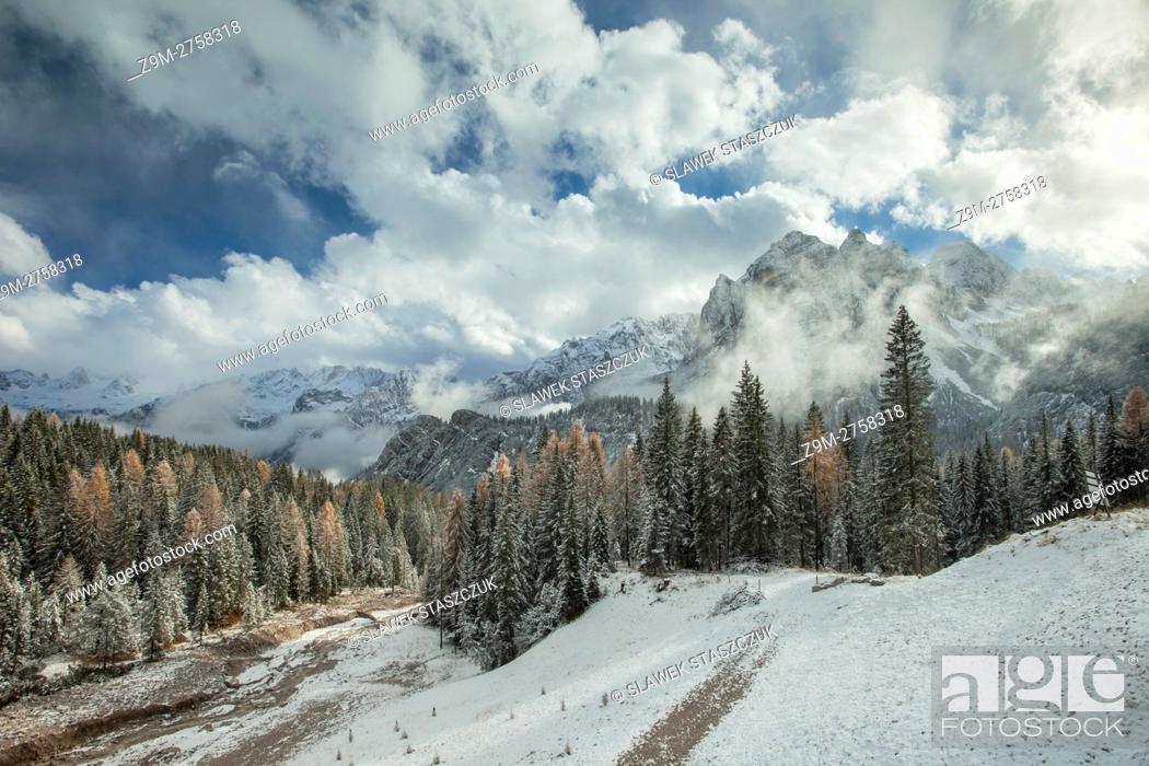 Stock Photo: Early November snow in the Dolomites near Cortina d'Ampezzo, Belluno province, Veneto, Italy. Dolomites.