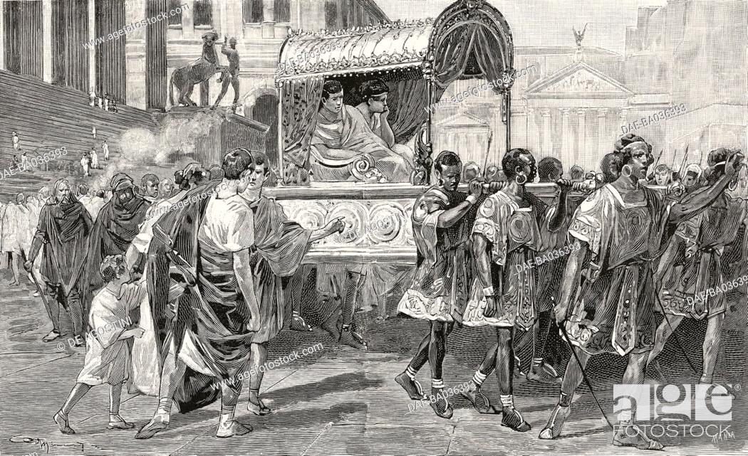 Stock Photo: Petronius and Vinicius being carried in a litter, drawing by Adriano Minardi for Quo Vadis by Henryk Sienkiewicz (1846-1916), from L'Illustrazione Italiana.