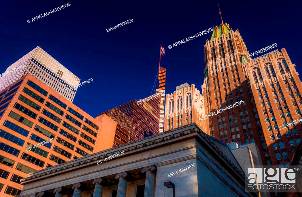 Stock Photo: Looking up at office buildings in Baltimore, Maryland.