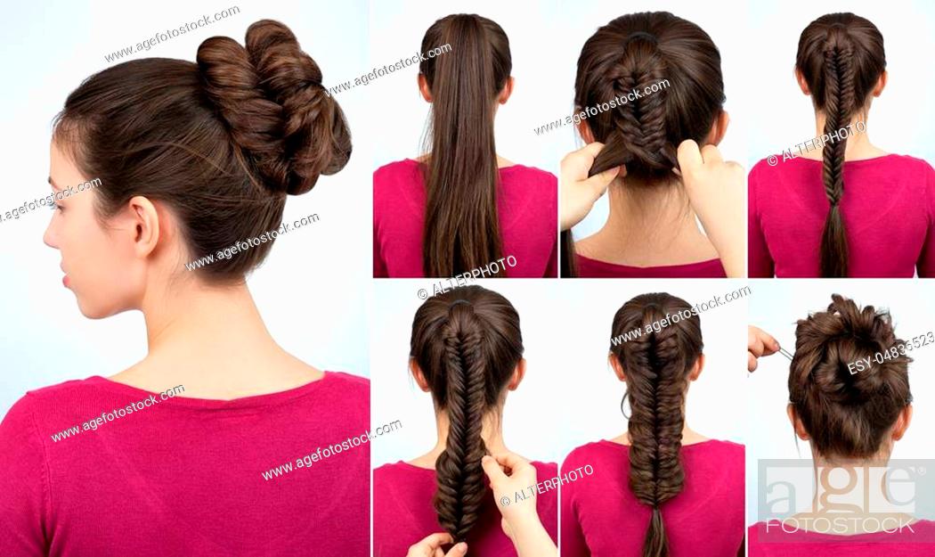bun with fish tail braid. Simple hairstyle twisted bun with plait tutorial,  Stock Photo, Picture And Low Budget Royalty Free Image. Pic. ESY-048365232  | agefotostock