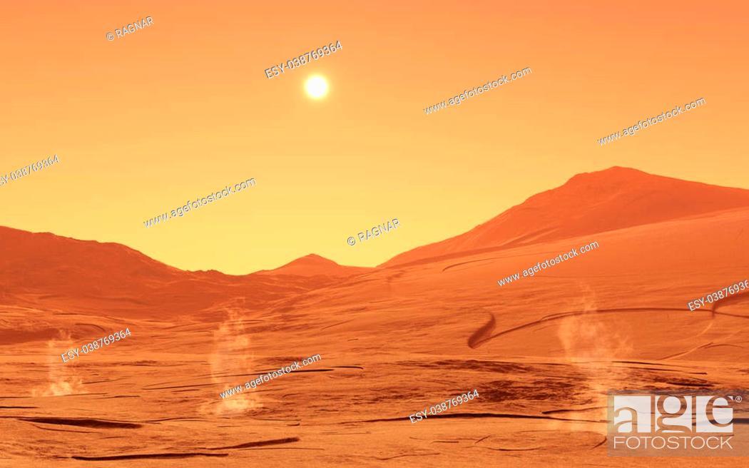 Stock Photo: This image shows a summerday from mars with little dust devils.