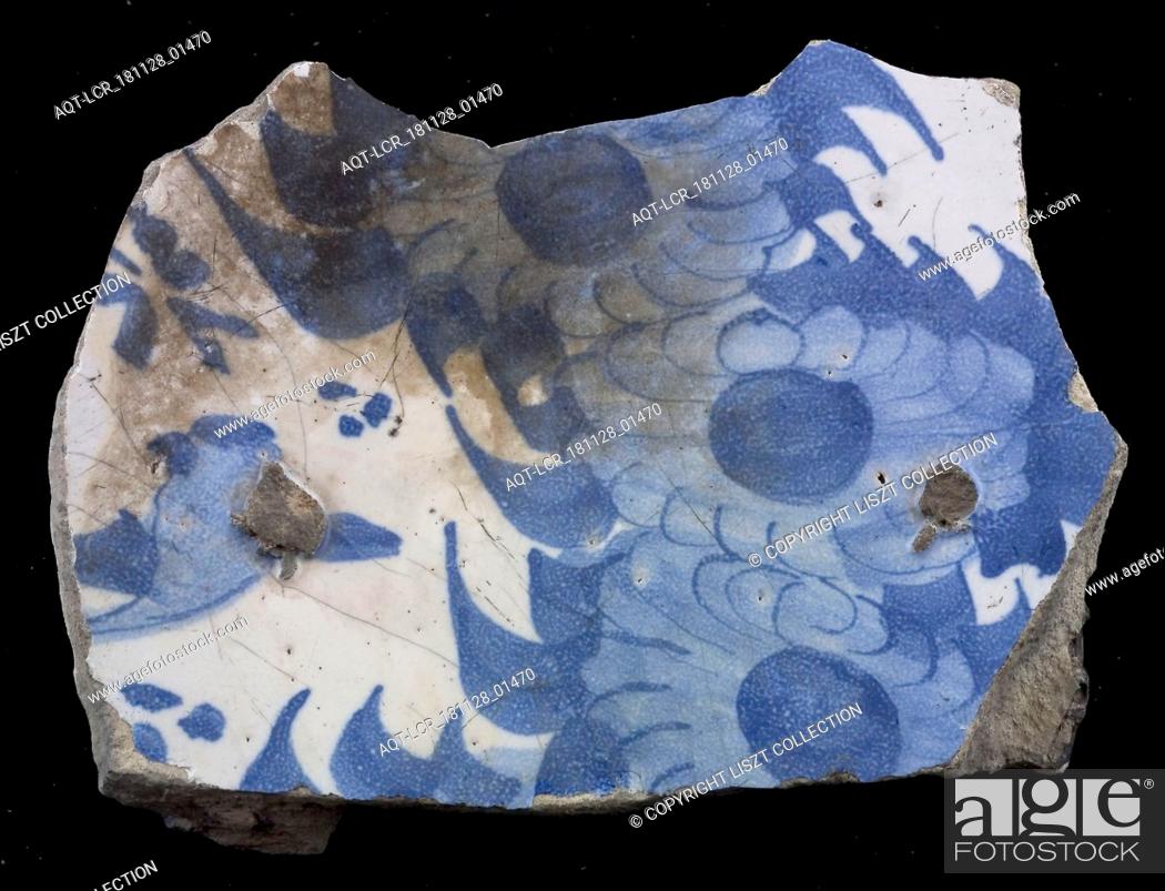 Stock Photo: Fragment majolica dish, blue on white, large flowers in Chinese style, dish plate tableware holder earth discovery ceramics pottery glaze.