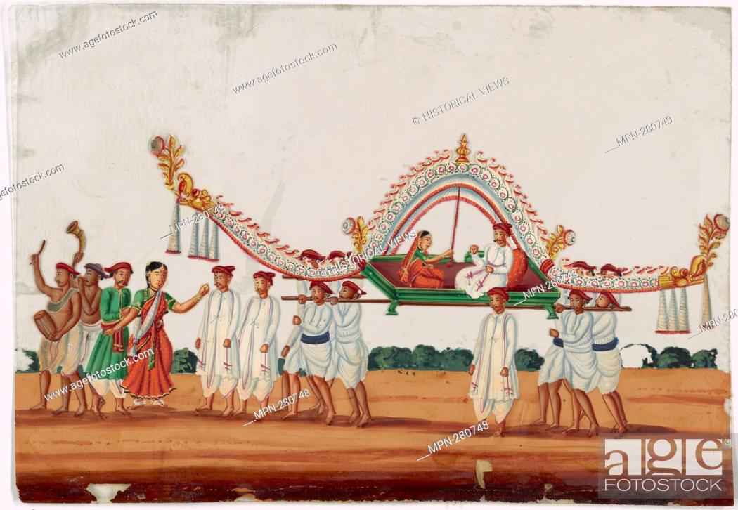 Imagen: Festival procession, musicians and white robed attendants bearing green litter with elaborate white canopy, carrying a man and a woman.