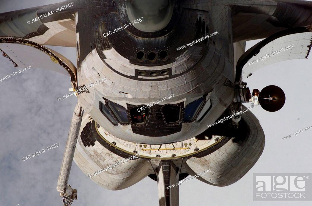 Stock Photo: This view of the nose and part of the crew cabin of Space Shuttle Discovery was provided by an Expedition 14 crewmember during a back-flip performed by the.