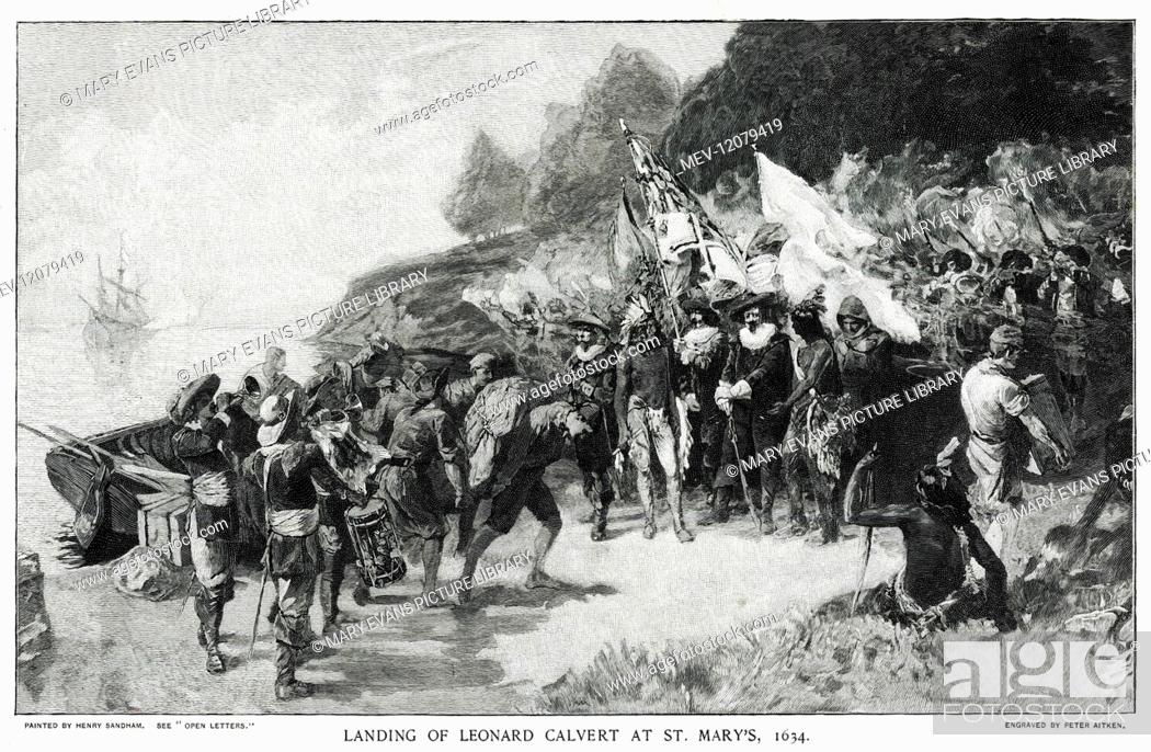 Stock Photo: The landing of Leonard Calvert, the first governor of Maryland, at St. Mary's City, the first English settlement and colony in the Maryland area.
