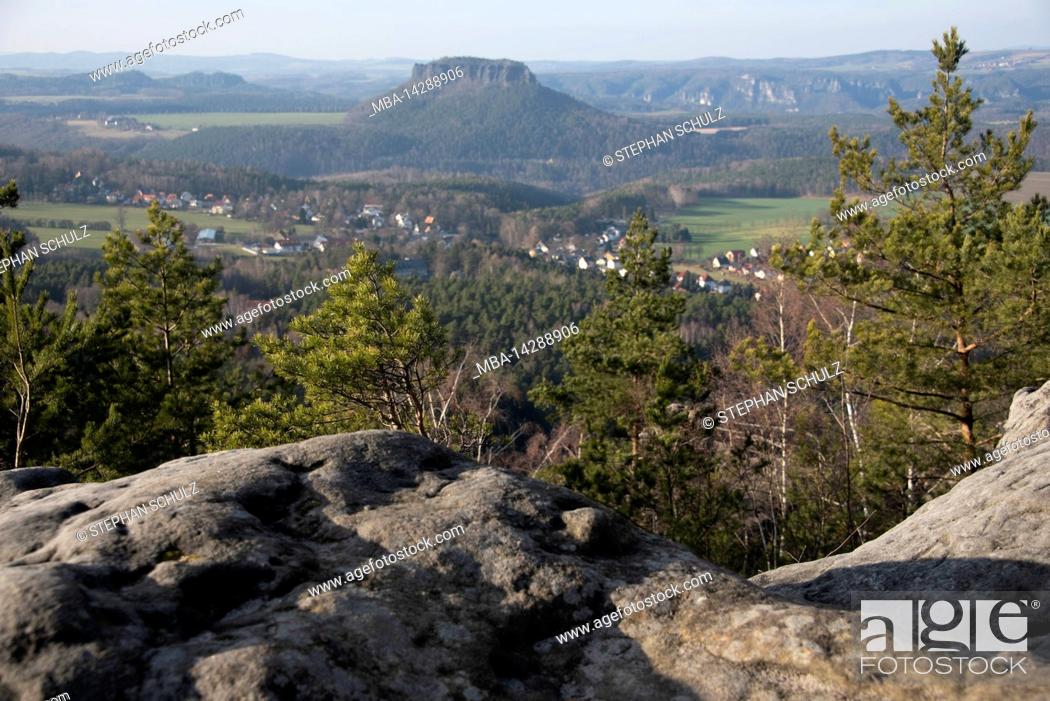Stock Photo: View from Papststein to Lilienstein, table mountain in Elbsandsteingebirge, located at Malerweg, Papstdorf, Saxony, Germany.