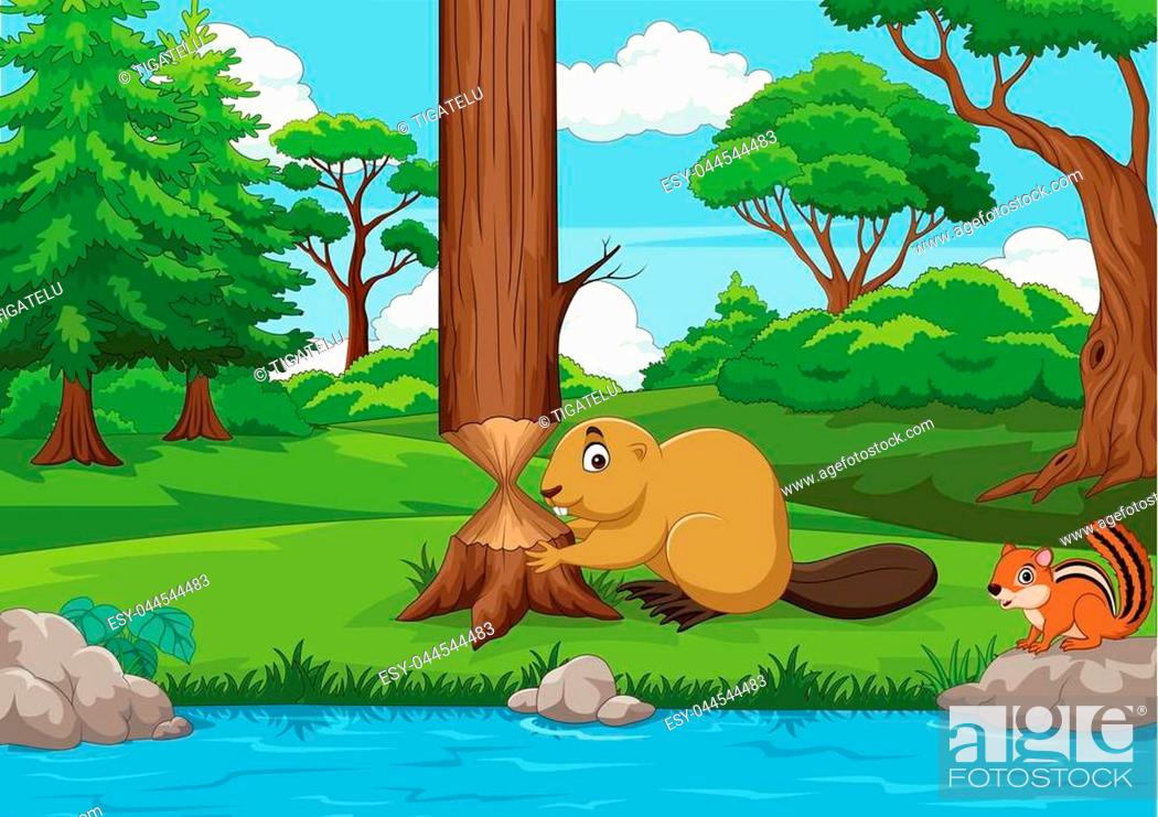 Illustration of Cartoon beaver cutting a tree in the forest, Stock Vector,  Vector And Low Budget Royalty Free Image. Pic. ESY-044544483 | agefotostock