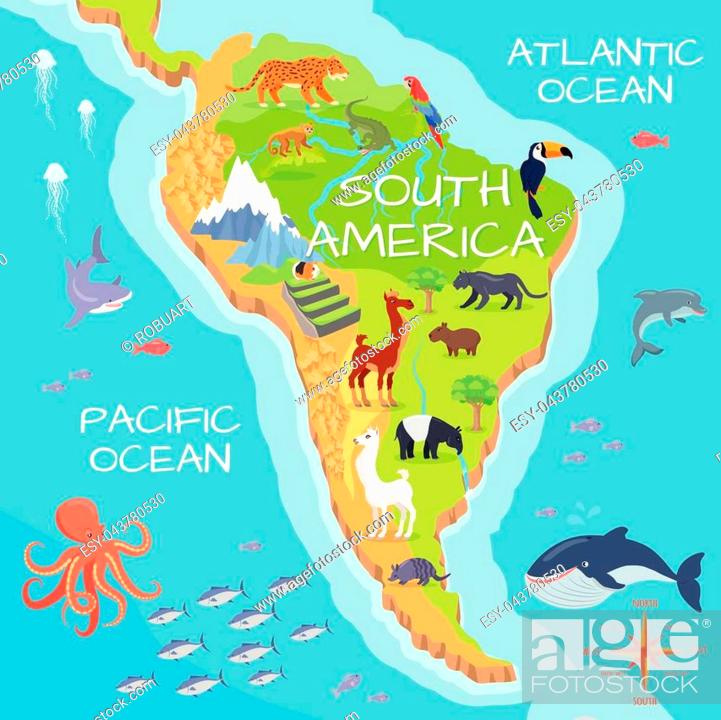 South America mainland cartoon map with fauna species. Cute american animals  flat vector, Stock Vector, Vector And Low Budget Royalty Free Image. Pic.  ESY-043780530 | agefotostock