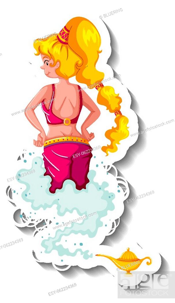 Genie lady coming out of magic lamp cartoon character sticker illustration,  Stock Vector, Vector And Low Budget Royalty Free Image. Pic. ESY-062234369  | agefotostock