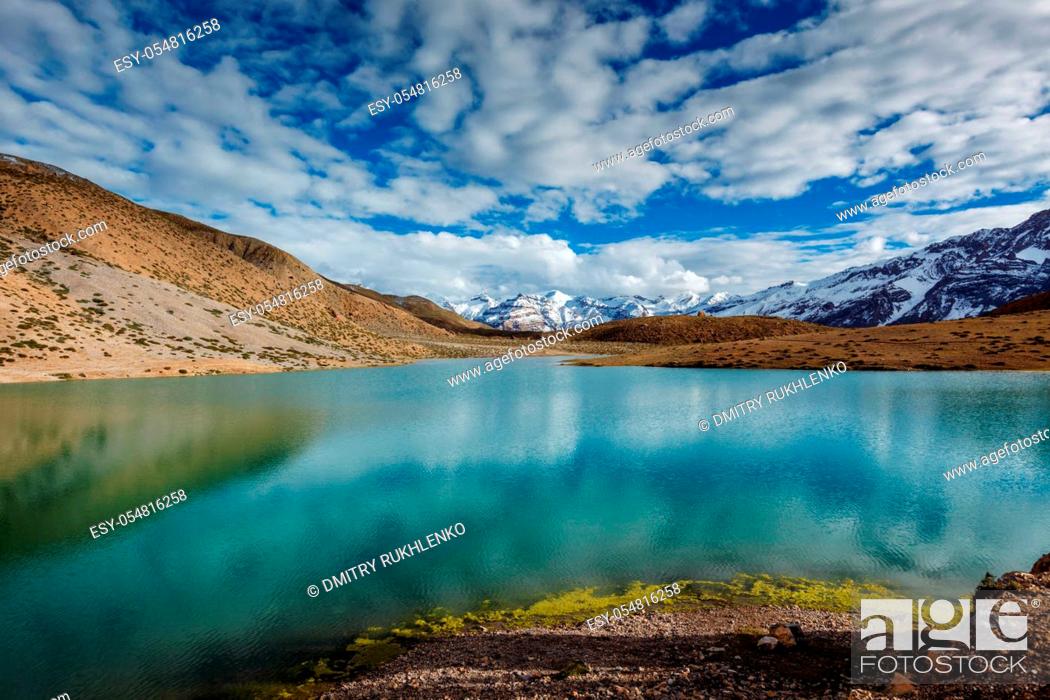 Stock Photo: Dhankar lake in Himalayas. Spiti valley, Himachal Pradesh, India.