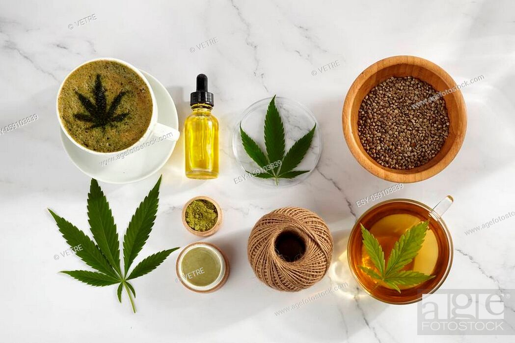 Stock Photo: Flat lay composition from hemp, cannabis products. Cosmetic and drink. Top view.