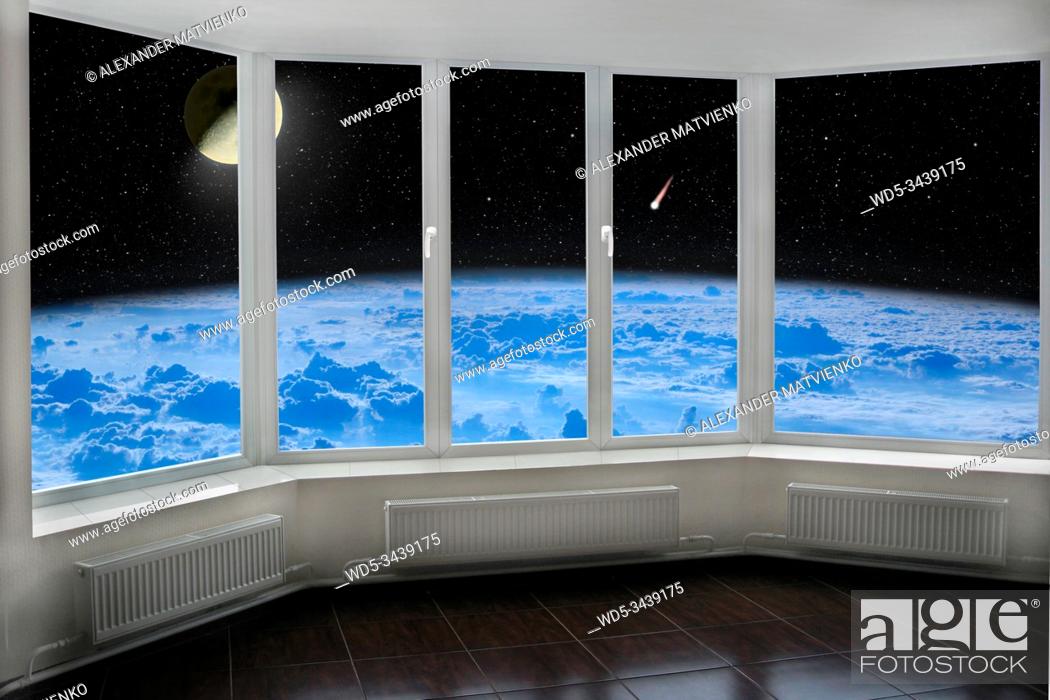 Stock Photo: Room window with view to space above Earth's atmosphere Moon comet and starry cosmos. Cozy room with cosmic panorama from window.